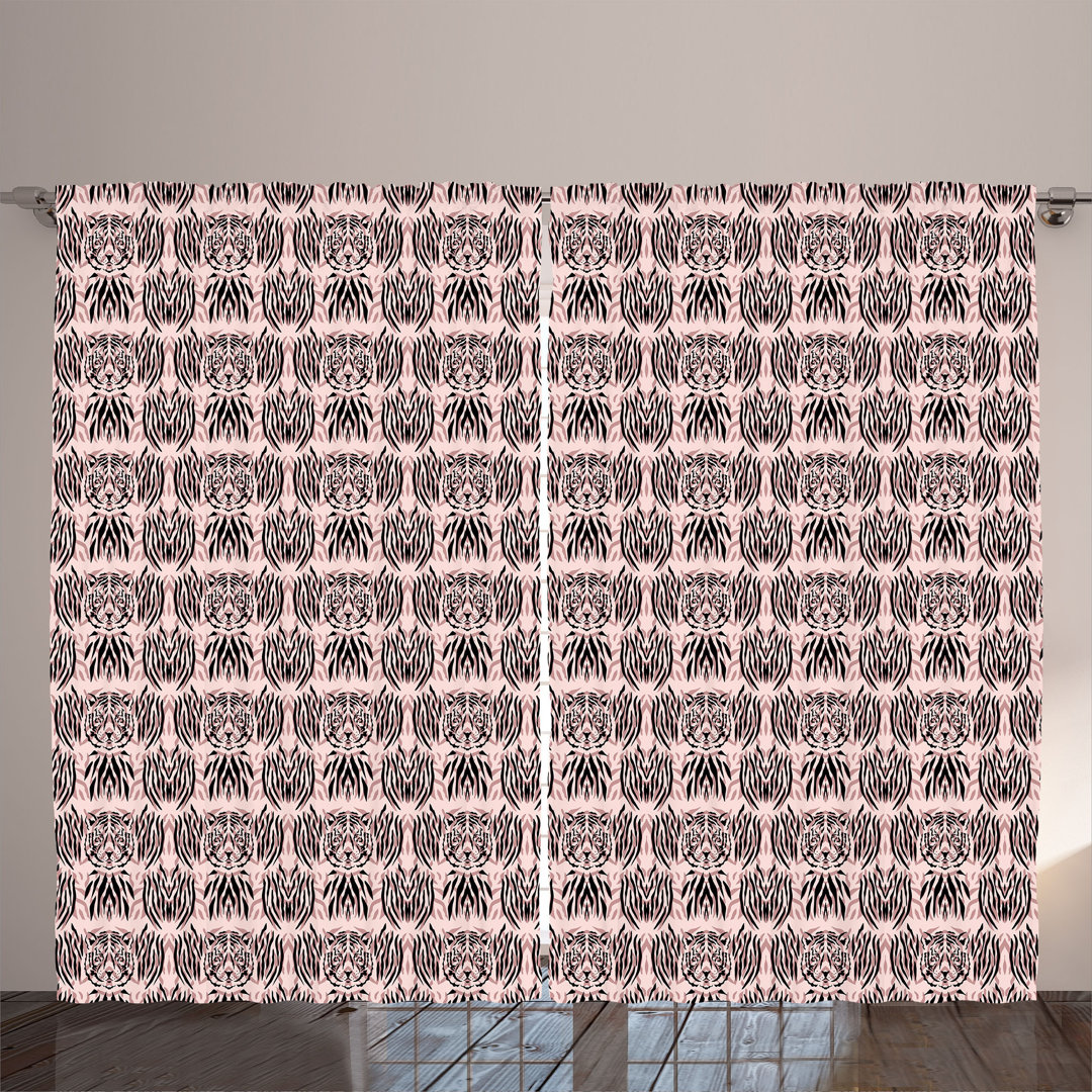 Rustic curtain, tiger silhouette, stripe art, natural, light pink black