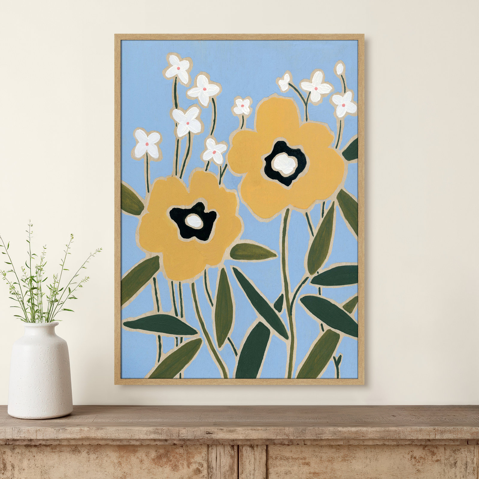 Maura "Woodblock Floral II" Print, 41.5" H x 29.5" W x 1.25" D, Natural Framed