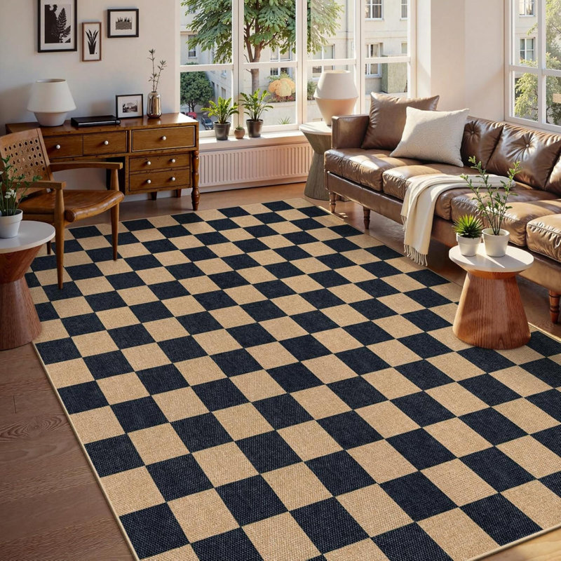 Checkered Easy Jute Rug Washable Rugs For Living Room Office Farmhouse Neutral Non Slip Non Shedding Stain Resistance Indoor Outdoor Carpet For Balcony  Classroom