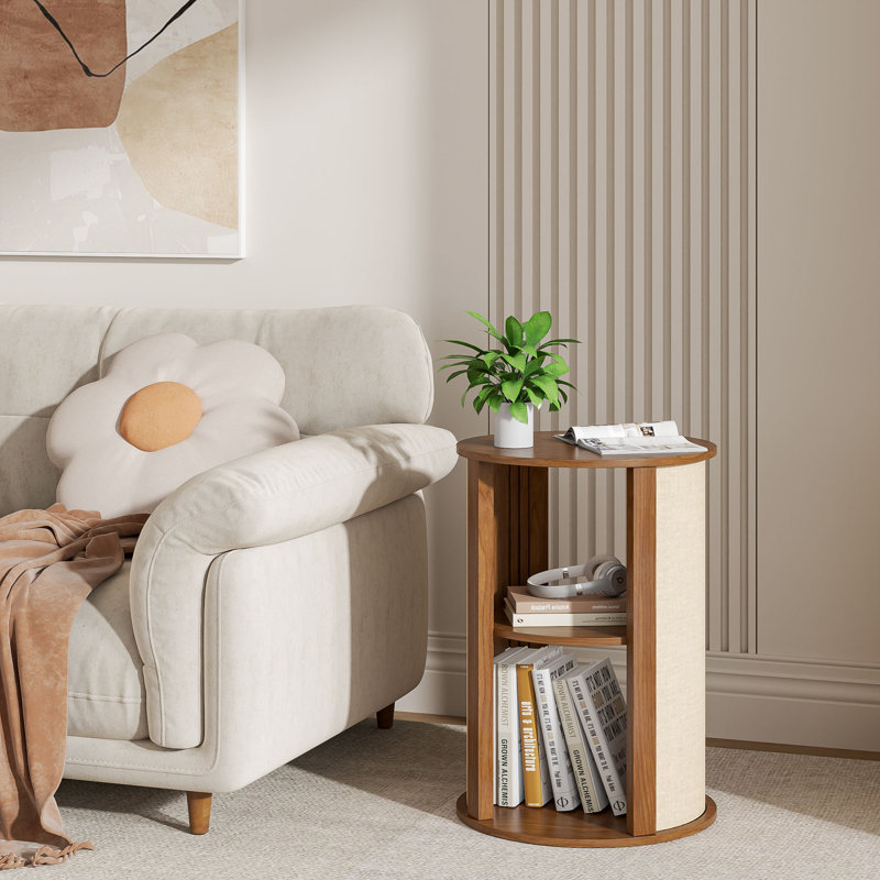 Boho Side Table, 2-tier End Table With Adjustable Shelf And Sackcloth Finish For Living Room, Bedroom, Walnut