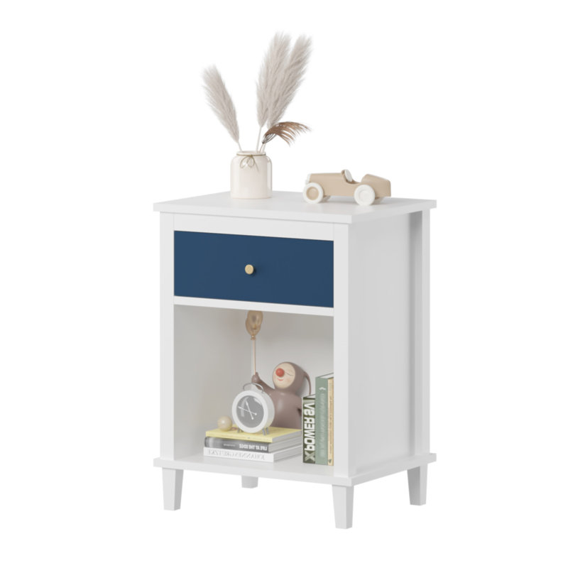 Table de chevet en bois de 26,77 po de hauteur avec un tiroir et une tablette pour enfants, adultes, marine et poignée dorée