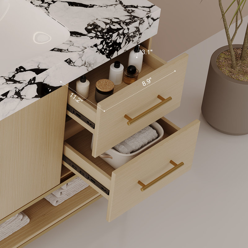Meuble-lavabo autoportant moderne Aurelia avec lavabo en céramique, contreplaqué et base en acier inoxydable., Naturel