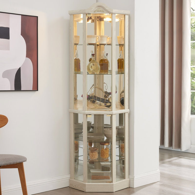 Vitrine d'angle vitrée lumineuse avec tablettes réglables, Blanc