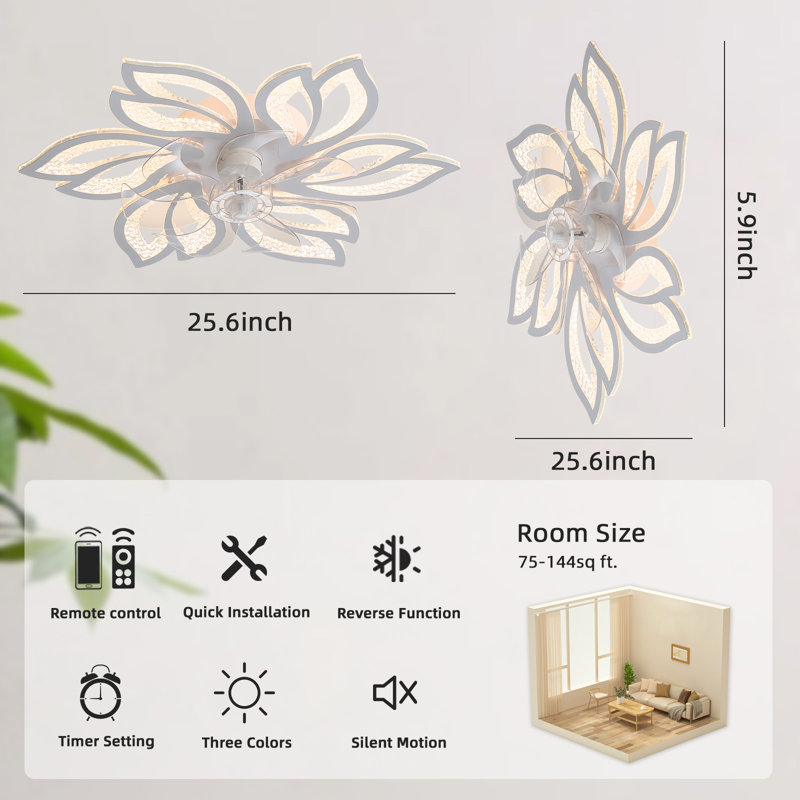 26" 7 - Blade Modern Indoor Dimmable LED Ceiling Fan with Light, Can Remote or APP, White