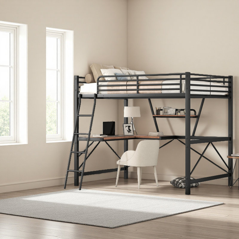 Lit mezzanine double en métal avec bureau et tablette, Noir