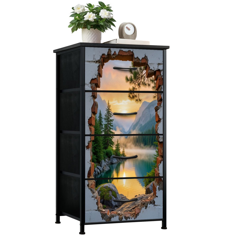 Commode pour chambre à coucher avec 4 tiroirs de rangement Mountain Lake View encadré par Brick Wall