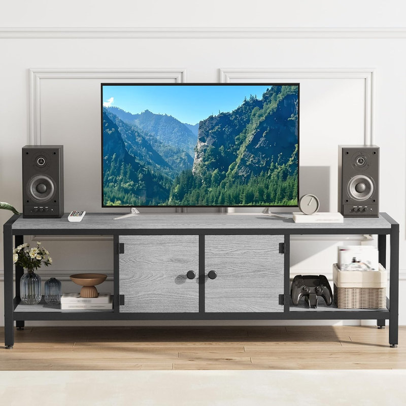 Meuble télé 58 po gris rustique, console média imperméable avec pieds et tablettes réglables, Gris