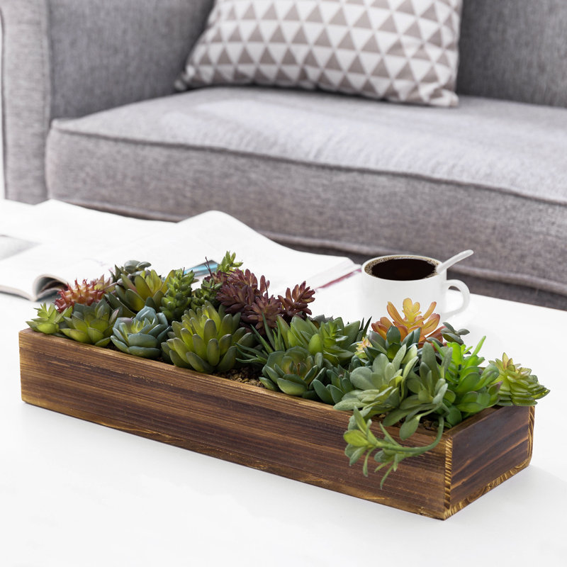 5'' Faux Succulent in Solid Wood Planter