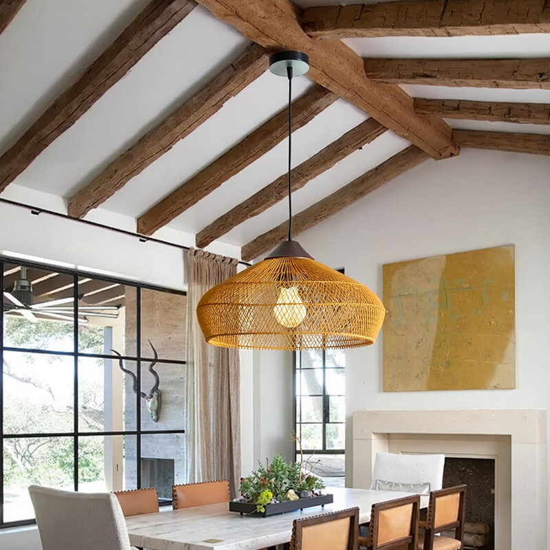 1-Light Rattan Pendant Light Fixture Dark Brown, 7.48" H x 15.74" W x 15.74" D