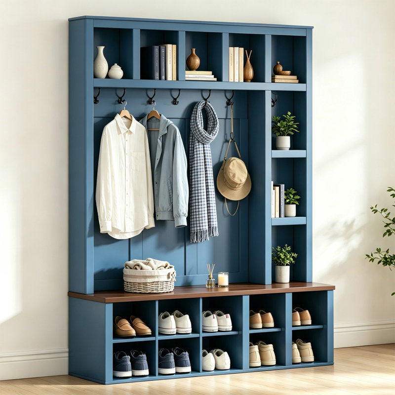 Porte-manteau de style campagnard avec 6 crochets, banc de rangement et rangement à chaussures, Blue