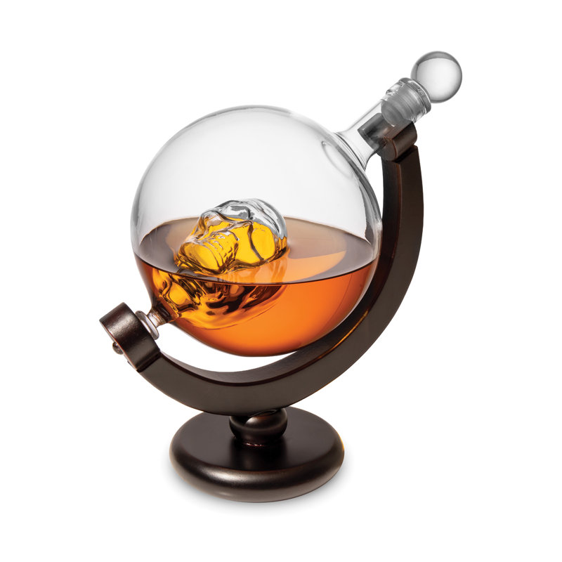 Clear Crystal Skull Whiskey Decanter with Dark Wood Base