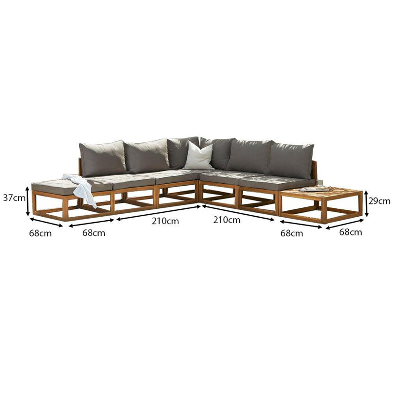 Rimasha 6 Seater Wooden Garden Chaise Corner Sofa Set with Coffee Table - Grey, Grey