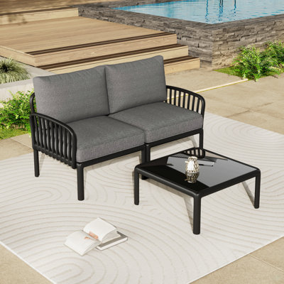 Ensemble de conversation pour patio 3 pièces, ensemble de mobilier modulaire d'extérieur moderne avec table basse carrée, coussin épais et imperméable pour porche, balcon, blanc et gris clair