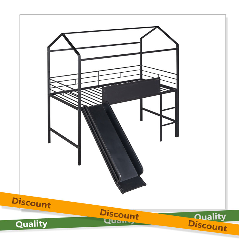 Metal House Bed With Slide, Twin Size Metal Loft Bed With Two-Sided Writable Wooden Board, Black