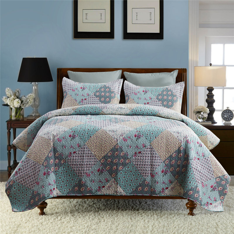 Ensemble de courtepointe en microfibre bleue 3 pièces QSM03-04, Courtepointe grande et 2 taies décoratives