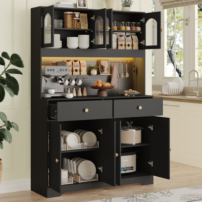 70"H Pantry Cabinets with Pegboard, Kitchen Pantry Storage Cabinet with Adjustable Shelves & Drawer,  LED Light & Power Outlets for Dining Room