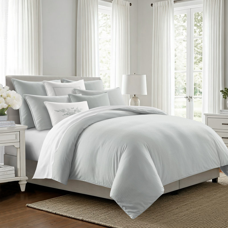 Ruben Stripe Reversible Cotton Duvet Cover Set, Cal.King Duvet Cover + 2 King Shams, Sage