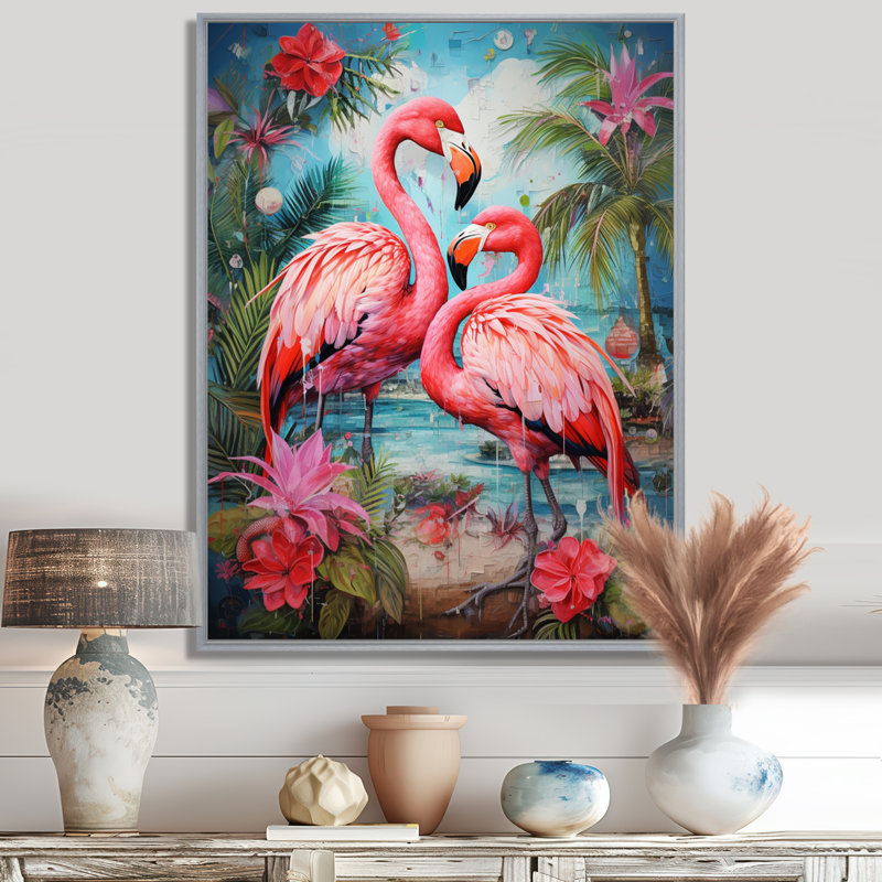 Flamant des Terres tropicales - Flamant rose, reproductions encadrées, H 32 po x l 24 po, Encadrement argenté