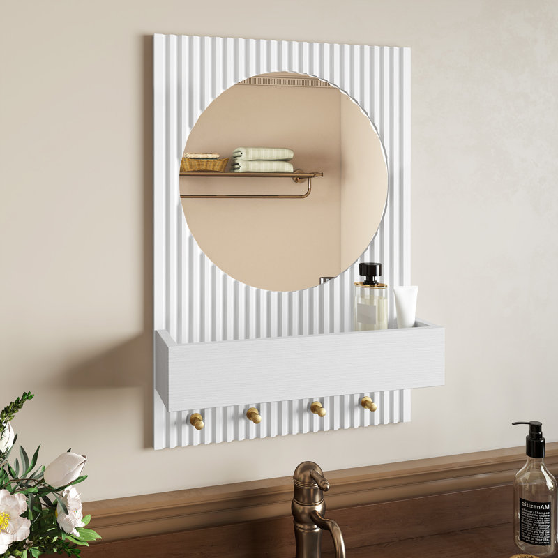 Fluted Textured Wall Mirror with Storage Shelf and Hooks, Round HD Shatterproof Bathroom Vanity Mirror, White