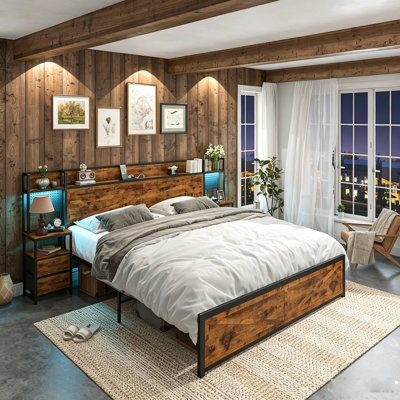 Queen & King Size Farmhouse Metal Platform Bed Frame with Storage Headboard, Built-in Nightstands, RGB LED Lights, Charging Station & Pegboard, 1000 lbs Capacity, No Box Spring Needed