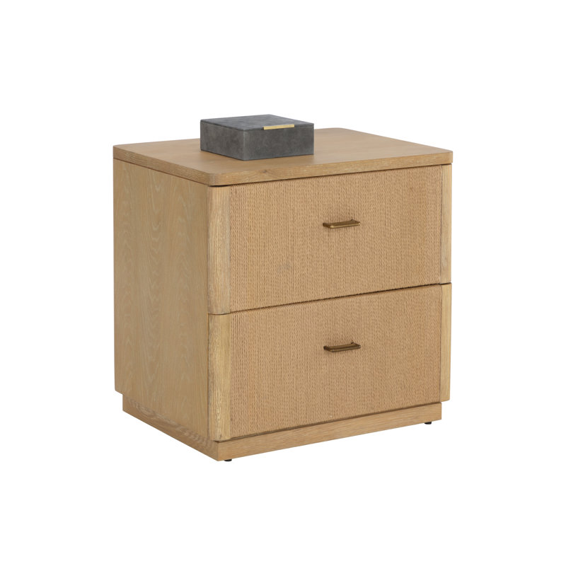 Rustic Oak Coastal 2-Drawer Nightstand with Brass Handles