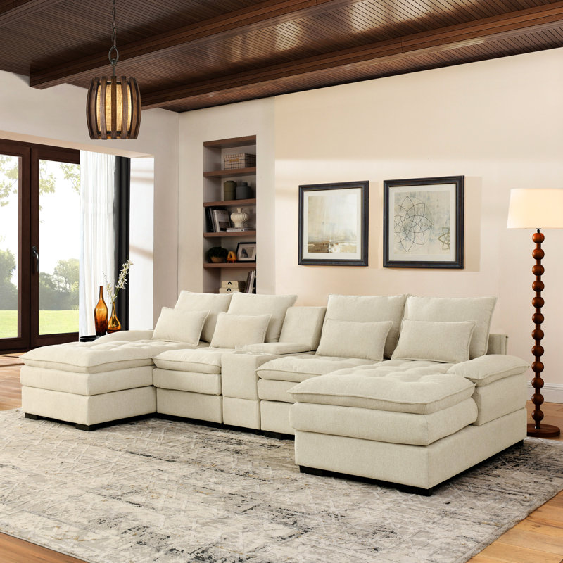 130"  U-Shaped Sofa With Console,Cupholders,6-Seat Upholstered Primary Living Space Furniture,Sleeper Couch Set With Chaise