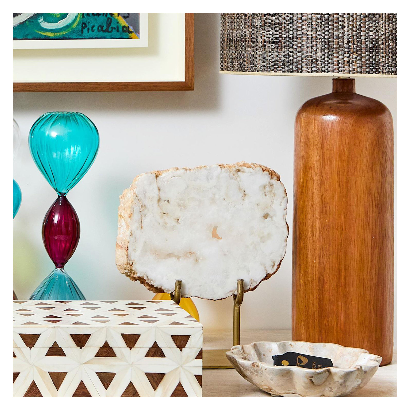 White Quartz Geode Slab On Gold Stand