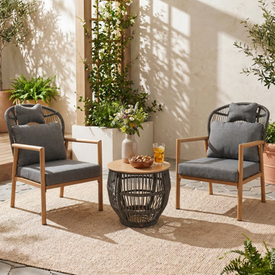 2-Person Patio Conversation Set with Cushions, Outdoor Furniture Rope Woven Chairs with Coffee Table