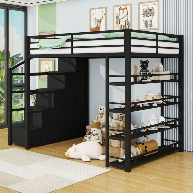 Lit mezzanine double avec garde-robe, tablettes, garde-corps et lattes