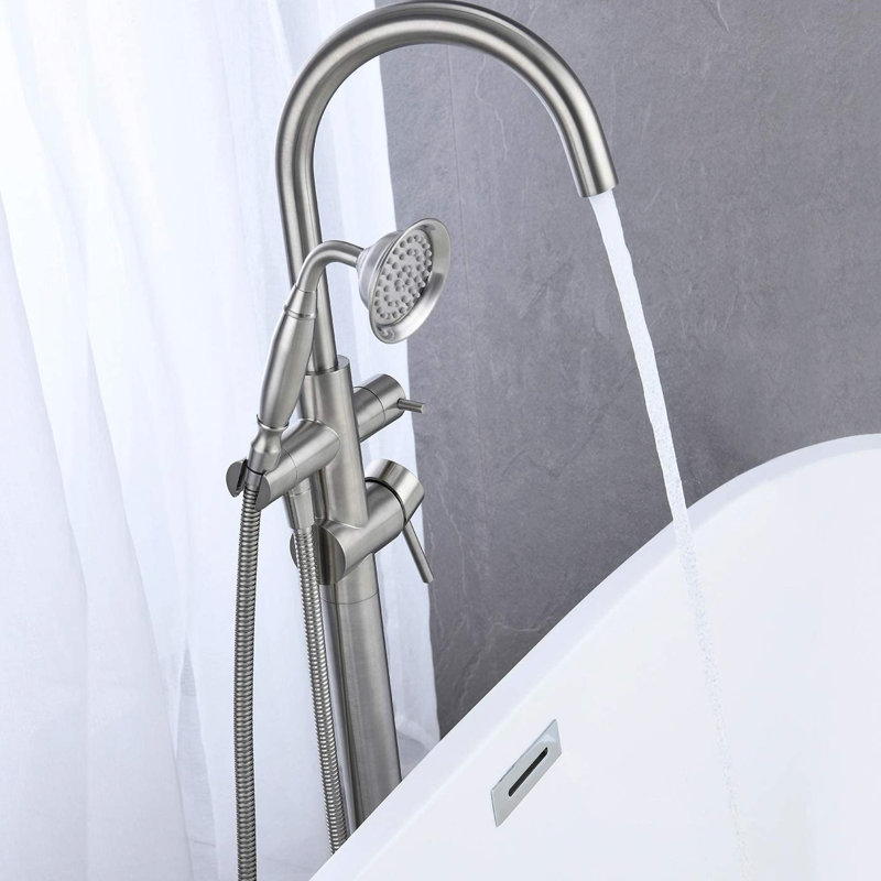 Freestanding Tub Filler With Handheld Shower - 59" Flexible Hose For Versatile Use Solid Brass Floor Mount Brushed Nickel Finish A Elegant Look