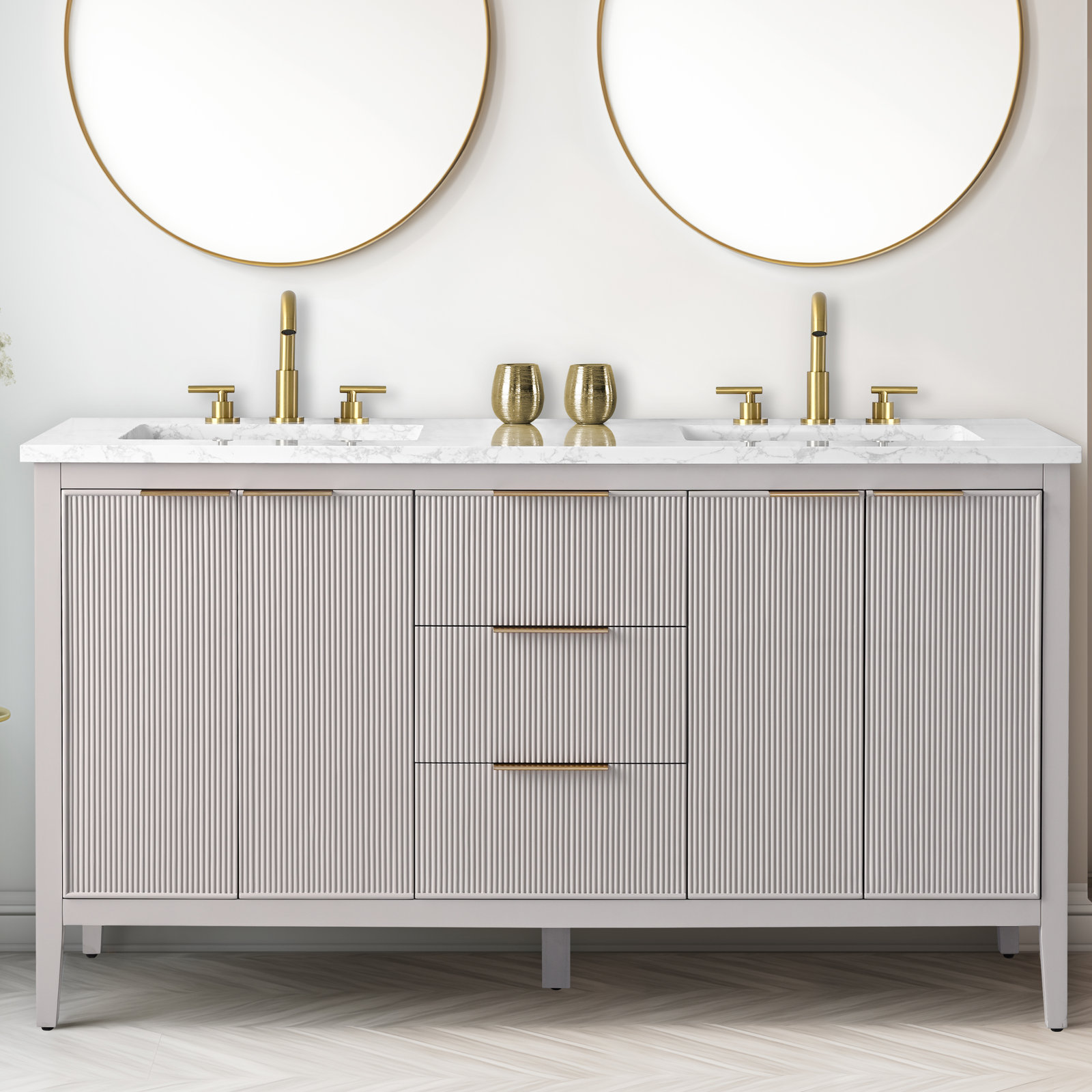 Bilroy 60" Pine Double Bathroom Vanity, Taupe/Brushed Bronze