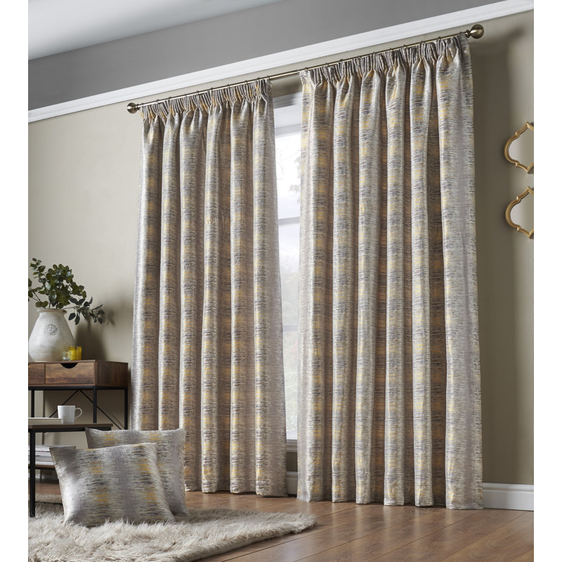 Auberon Reflective Pencil Pleat Room Darkening Curtains, Width 168 x Drop 183cm, Ochre
