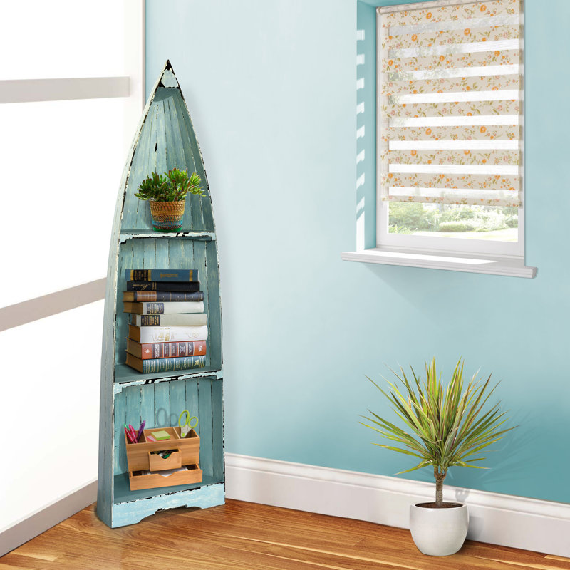 Chichaoua Solid Wood Boat Bookcase, 74" H x 22" W x 17" D, Rustic Gray Wash