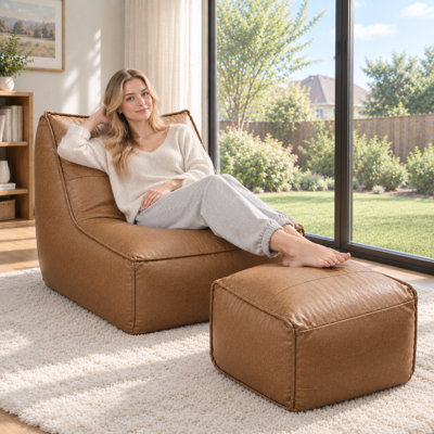 Oversized Bean Bag Chair with Ottoman, High-Density Foam Filled Lounge Chair, Ergonomic Backrest, Comfy Lazy Sofa for Living Room, Bedroom and Reading Room