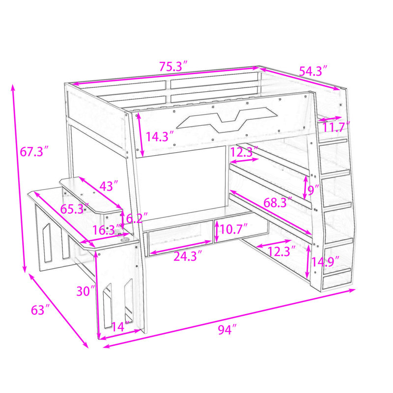 Lit mezzanine double en bois avec bureau, tablettes et lumière RVB contrôlée par l'application, Bleu nuage