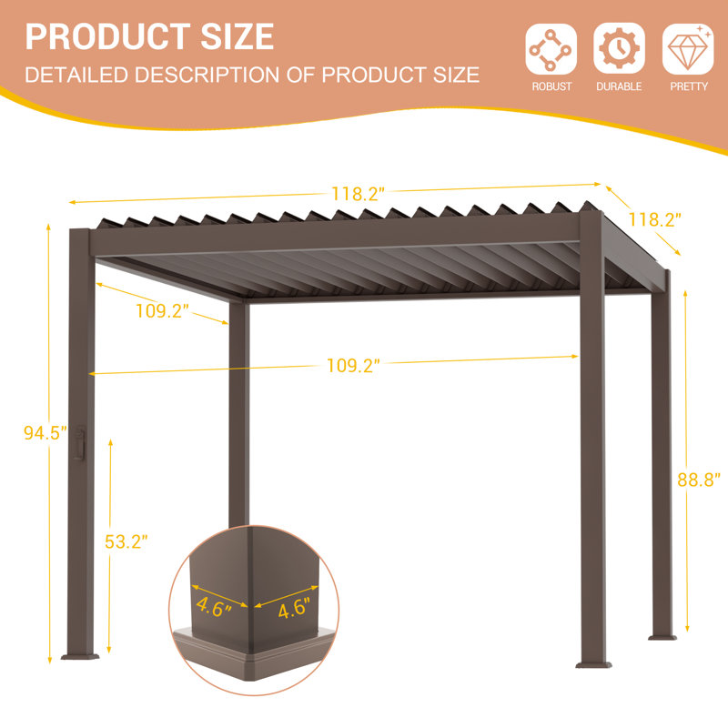 Cadre en aluminium pour pergola à persiennes avec toit réglable imperméable, Gris foncé, 10 pi x 10 pi