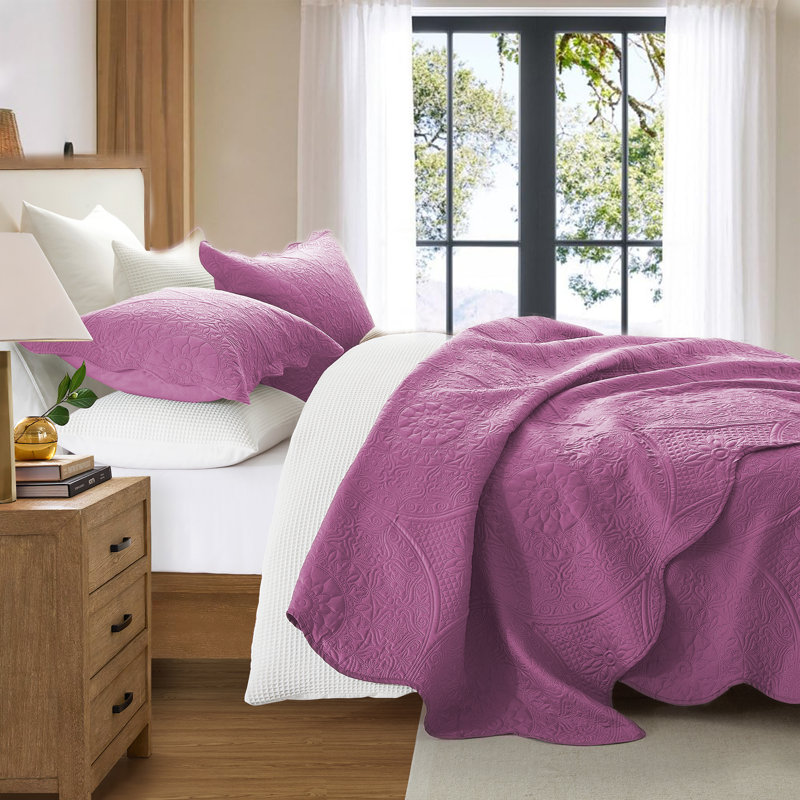 Embossed Floral Microfiber Quilt Set, Queen Bedspread + 2 Standard Pillowcases, Purple
