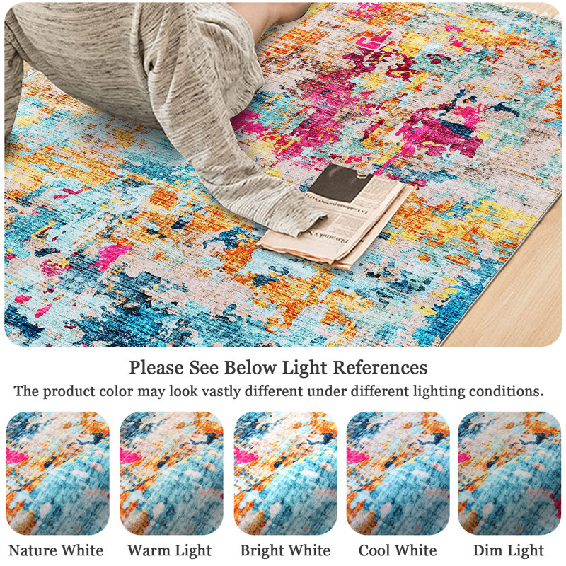 Abstract Machine Washable Rug with Rubber Backing for Living Room Modern Non-Slip Dining Room Rug Easy-Cleaning Colorful Floor Carpet for Bedroom Hallway Kitchen