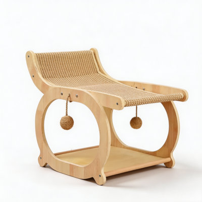 Chaise longue en bois de sisal pour chat, lit à griffer pour chat 2-en-1 avec boules de jouets suspendues et tablette de rangement