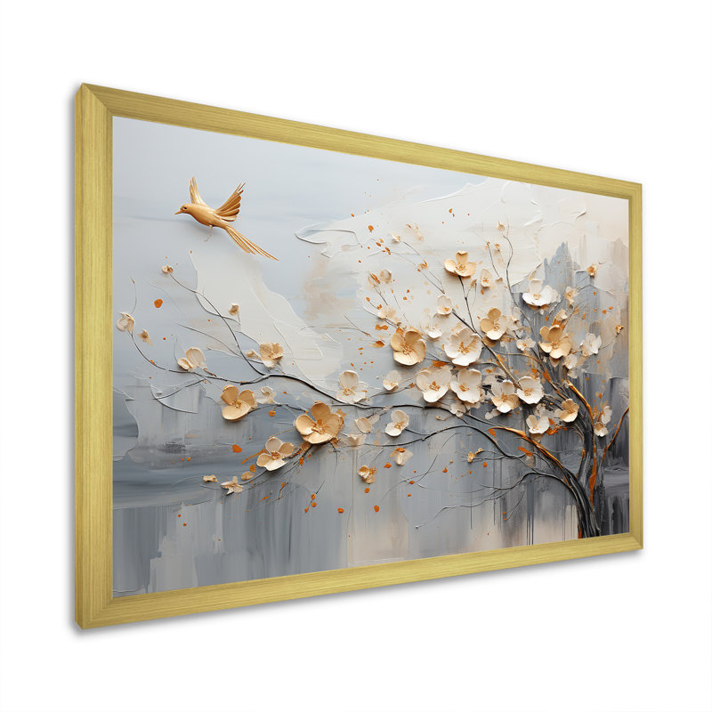 Art mural beige au Japon et arbre doré - formes abstraites, Cadre doré simple, H 12 po x l 20 po x P 1 po