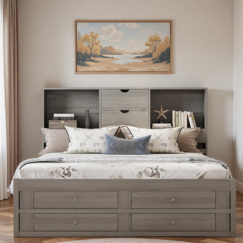 Lit plateforme avec tête de lit avec rangement et 8 tiroirs, Gris, Très grand lit