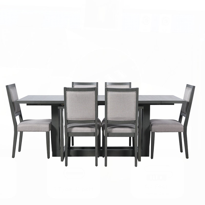 Ensemble de table de salle à manger extensible 82 pièces Rustic, table de cuisine à tréteaux avec 6 chaises rembourrées et 2 rallonges amovibles de 12 po