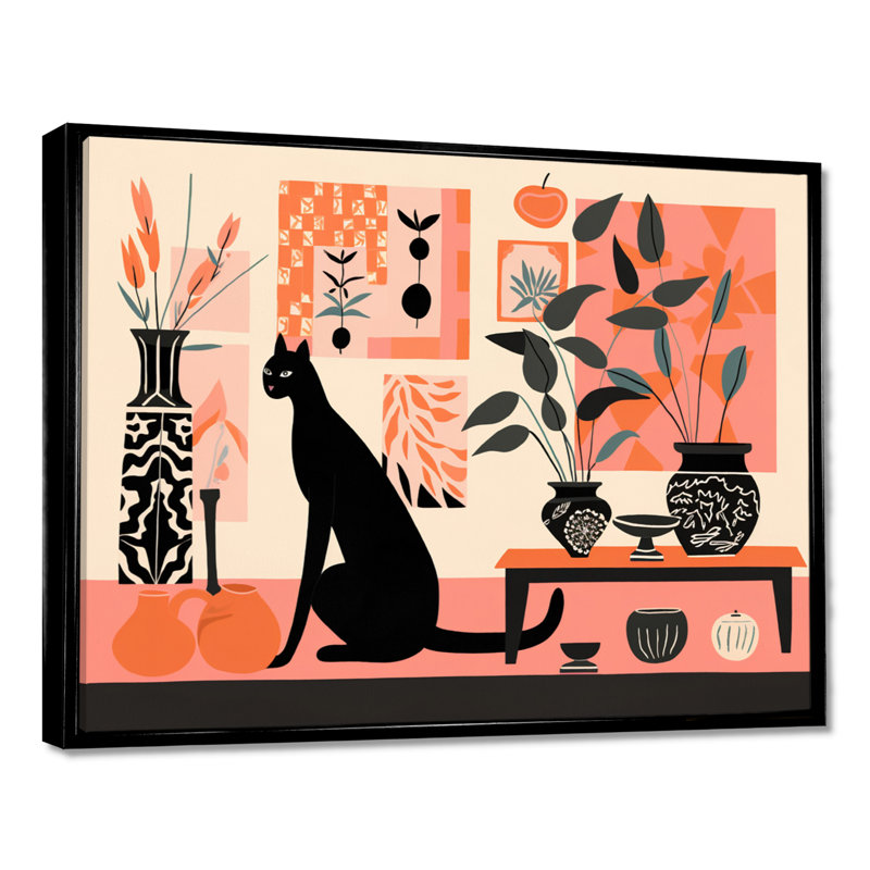 Chat noir en boho intérieur rétro Illustration I - chat, art mural, H 12 po x l 20 po x P 1 po