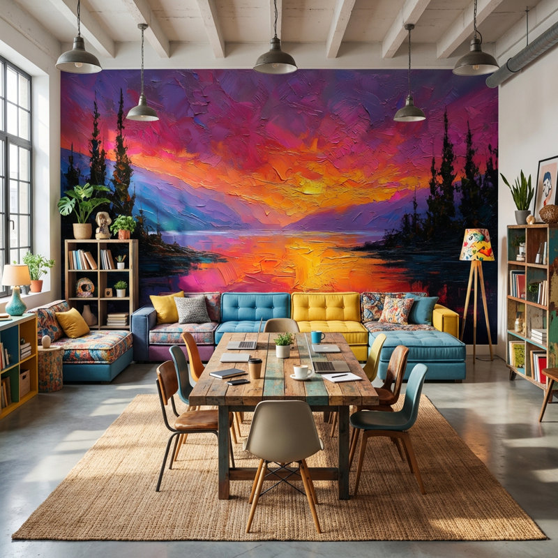 Double rouleau de papier peint abstrait mural Sunset, 140 po x 108 po, Peler et coller