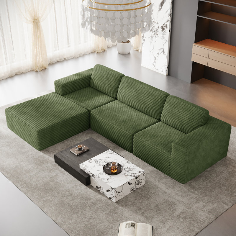 Modular Corduroy 303cm 3-seater Sofa With 1 Ottoman, No Assembly Required, With High Rebound Sponge, Green
