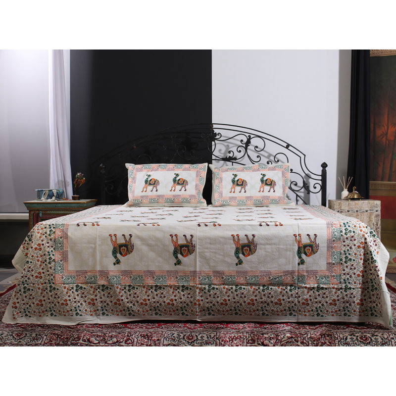 Cream Multicolor Camel Vine Handblock Printed 100% Cotton Queen Size Bedsheet Set – Indian Ethnic Boho Bedding, 2 Pillow Covers