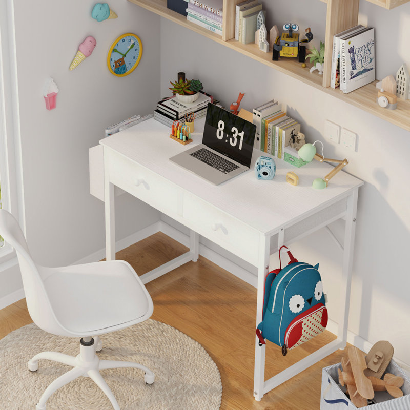 Petit bureau d'ordinateur avec 2 tiroirs, Blanc