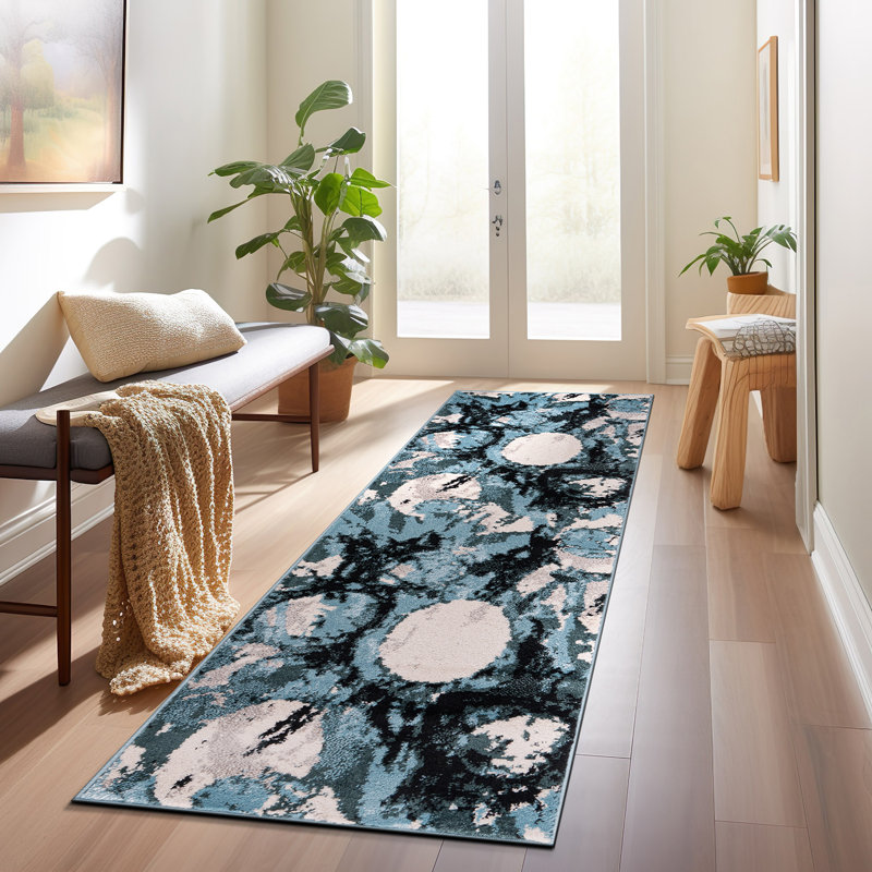 Tapis abstrait bleu / ivoire / gris Rambo, Tapis de couloir de 2 pi x 7 pi