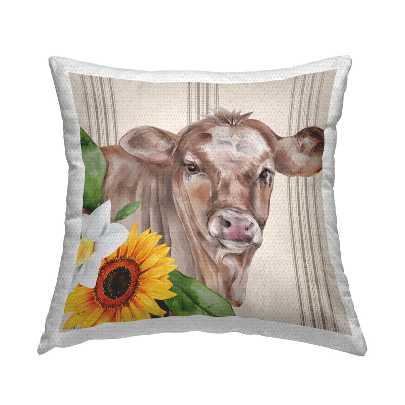 Coussin d'extÃ©rieur imprimÃ© Â« Tournesols et vaches rustiques rayÃ©es Â» par Lux + Me Designs