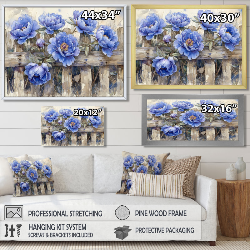 Ikrah, pivoines bleues par la clôture II - pivoines, art mural, Impression encadrée flottante, H 24 po x l 32 po, Blanc